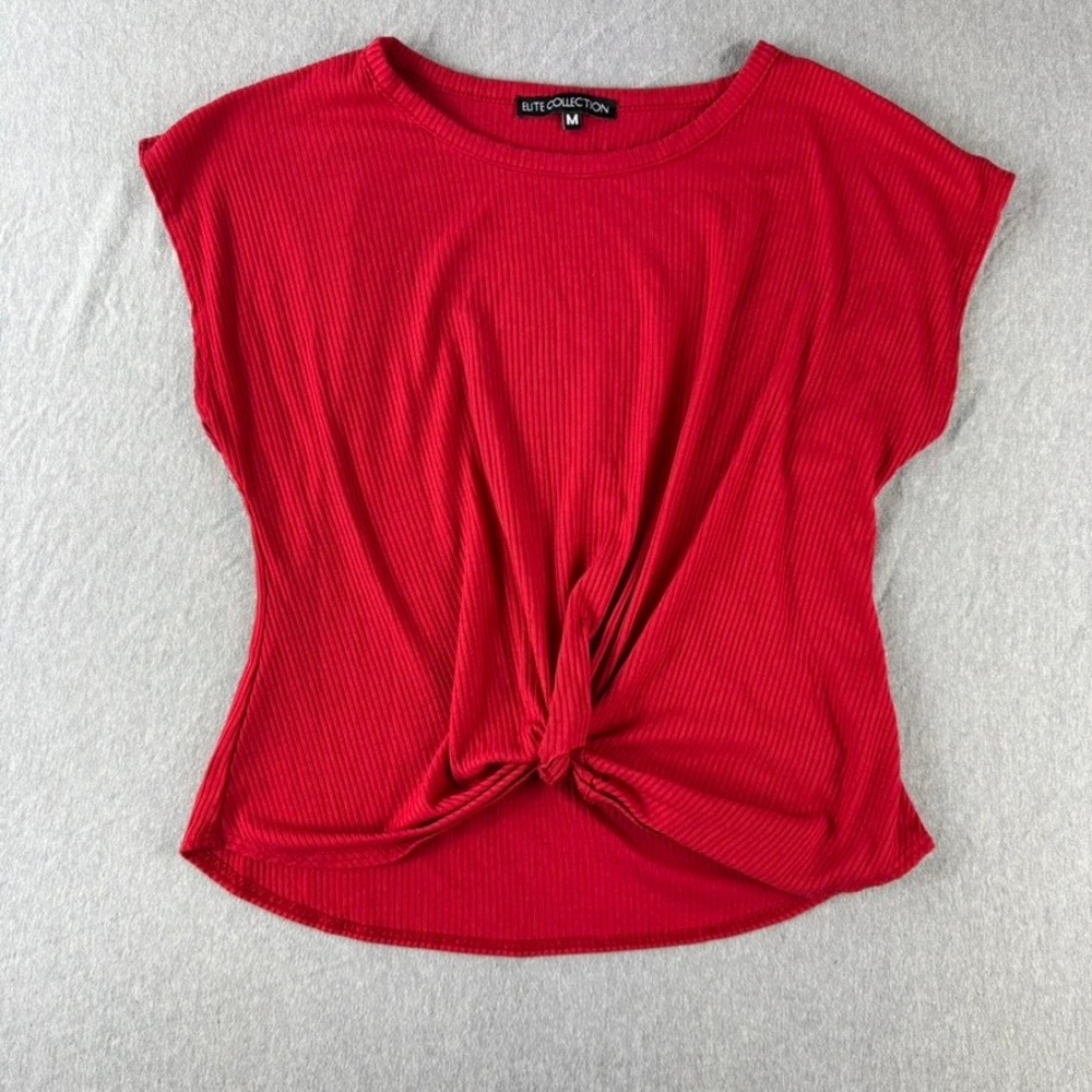 Elite Collection Top Womens Medium Red Excellent Ribbed Twist Front Cap Sleeve